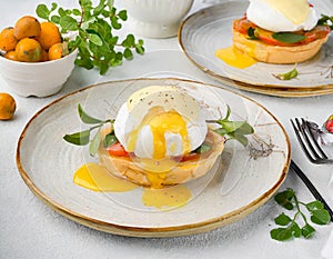 Advertisement food photography. Eggs Benedict. AI art generated