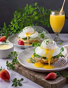 Advertisement food photography. Eggs Benedict. AI art generated