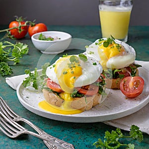 Advertisement food photography. Eggs Benedict. AI art generated