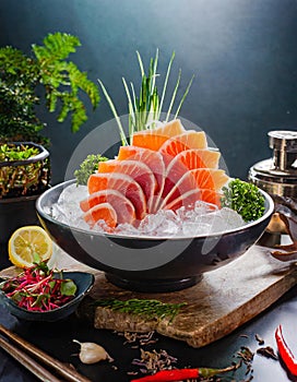 Advertisement food photography. Salmon Sashimi. AI art generated