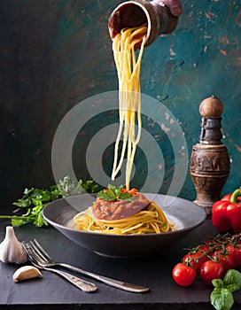 Advertisement food photography. Spaguetti with tomato sauce. AI art generated photo