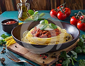 Advertisement food photography. Spaguetti with tomato sauce. AI art generated photo