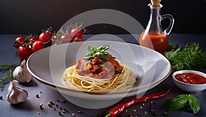 Advertisement food photography. Spaguetti with tomato sauce. AI art generated photo