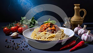 Advertisement food photography. Spaguetti with tomato sauce. AI art generated photo