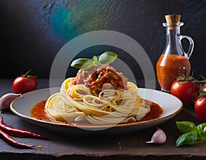 Advertisement food photography. Spaguetti with tomato sauce. AI art generated photo