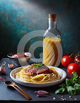 Advertisement food photography. Spaguetti with tomato sauce. AI art generated photo