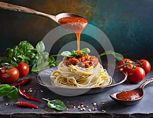 Advertisement food photography. Spaguetti with tomato sauce. AI art generated photo