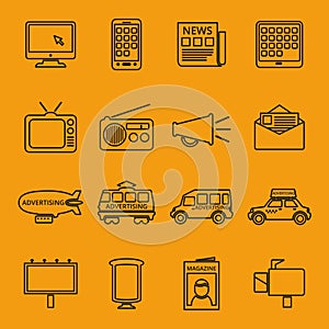Advertisement and marketing line icons set