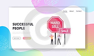 Advertisement Landing Page Template. Tiny Characters Suffer of Intrusive Adware Stand at Huge Hard Sell and Sale Promo photo