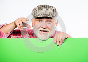 Advertisement shop. Senior bearded man place announcement on banner. job search. help. smiling mature man in retro hat