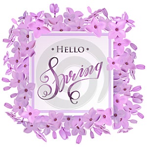 Advertisement about the spring sale on defocused background with beautiful lilac flowers. Vector illustration.