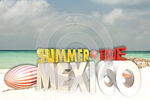 Advertisement for summer time Mexico on Caribbean beaches with low waves Between turquoise blue waters and white sands
