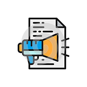 Advertisement text, announcement, document with loudspeaker flat color icon.