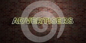 ADVERTISERS - fluorescent Neon tube Sign on brickwork - Front view - 3D rendered royalty free stock picture photo