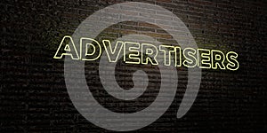 ADVERTISERS -Realistic Neon Sign on Brick Wall background - 3D rendered royalty free stock image photo