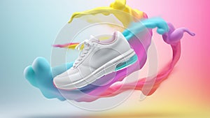 Advertisiment shot, clean new snackers as no brand mockup floating in the air with colored powder on colorful background photo