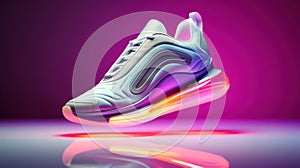Advertisiment shot, clean new white snackers as no brand mockup with colored sole around, neon light on colorful photo