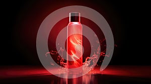 Advertisiment shot of red shampoo plastic bottle as no brand mockup, presented with studio light on dark ackground photo