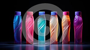 Advertisiment shot of shampoo bottles presented as a no brand mockup with multicolored studio light on dark ackground photo