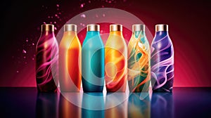 Advertisiment shot of shampoo packaging presented as a no brand mockup with multicolored studio light on dark ackground photo