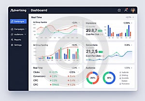 Advertising analytics dashboard with data visualizations. Left
