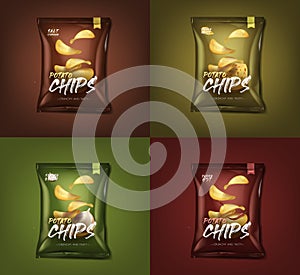 Advertising bag of realistic potato chips set.