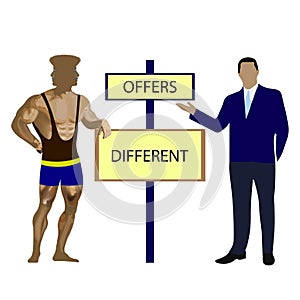 Advertising banner about different offers. A man in a suit and an athlete. The idea of a large selection of diverse lifestyles.