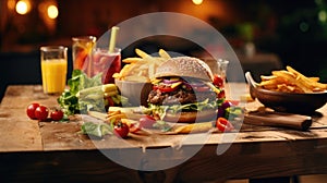 Advertising banner with hamburger, fries and drinks