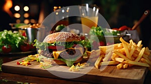 Advertising banner with hamburger, fries and drinks