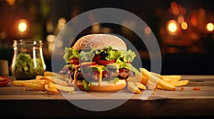 Advertising banner with hamburger, fries and drinks