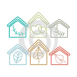 Advertising banner house eco green home. Vector icon logo concept . Abstract organic ecology building leaf. Cartoon