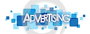 ADVERTISING banner on overlapping blue squares