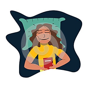 Advertising banner, page for a site, advertising on the Internet, a girl sleeping on a bed with a pillow and a book. illustration