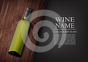Advertising banner.A realistic bottle of white wine with black label in photorealistic style on wooden dark board,black