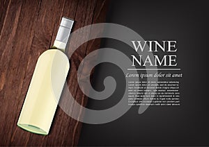 Advertising banner.A realistic bottle of white wine with black label in photorealistic style on wooden dark board,black