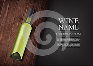 Advertising banner. A realistic bottle of white wine with black label in photorealistic style on wooden dark board, black