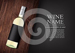 Advertising banner.A realistic bottle of white wine with black label in photorealistic style on wooden dark board,black