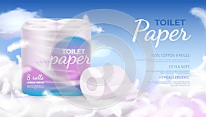 Advertising banner with realistic soft toilet paper, clouds and feathers. Hygiene disposable napkins rolls in plastic