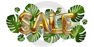 Advertising banner summer sale , a poster with palm leaves, jungle leaves and an inscription made of gold balloons