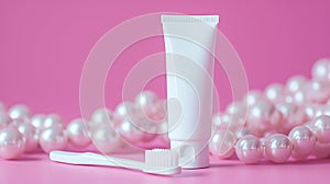 Advertising banner, toothpaste and toothbrush on monochrome pink background