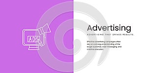 Advertising Banner on White and Purple Background. Stylish Marketing Banner with Black Text and White Ads Icon for Business