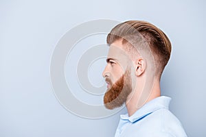 Advertising barbershop concept. Profile side portrait of confide