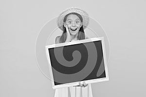 Advertising for beginners. Surprised girl hold school blackboard. Advertising for private school. Advertising and