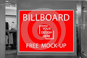 Advertising Billboard mockup panoramic banner with red light box showcase in department store,display space for text design