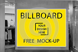 Advertising Billboard mockup panoramic banner with yellow light box showcase in department store,display space for text design