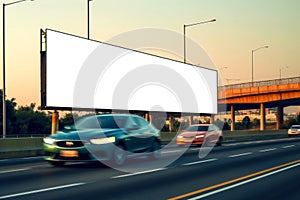 Advertising billboard white screen beside the expressway with car motion blur, generative ai
