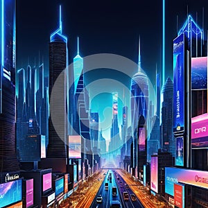 Advertising billboards in a futuristic city streets at