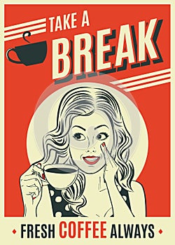 Advertising coffee retro poster with pop art woman