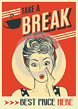 Advertising coffee retro poster with pop art woman