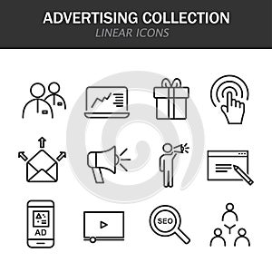 Advertising collection linear icons in black on a white background